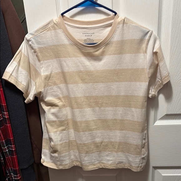 American Eagle Beige Striped T-Shirt - Picture 1 of 3